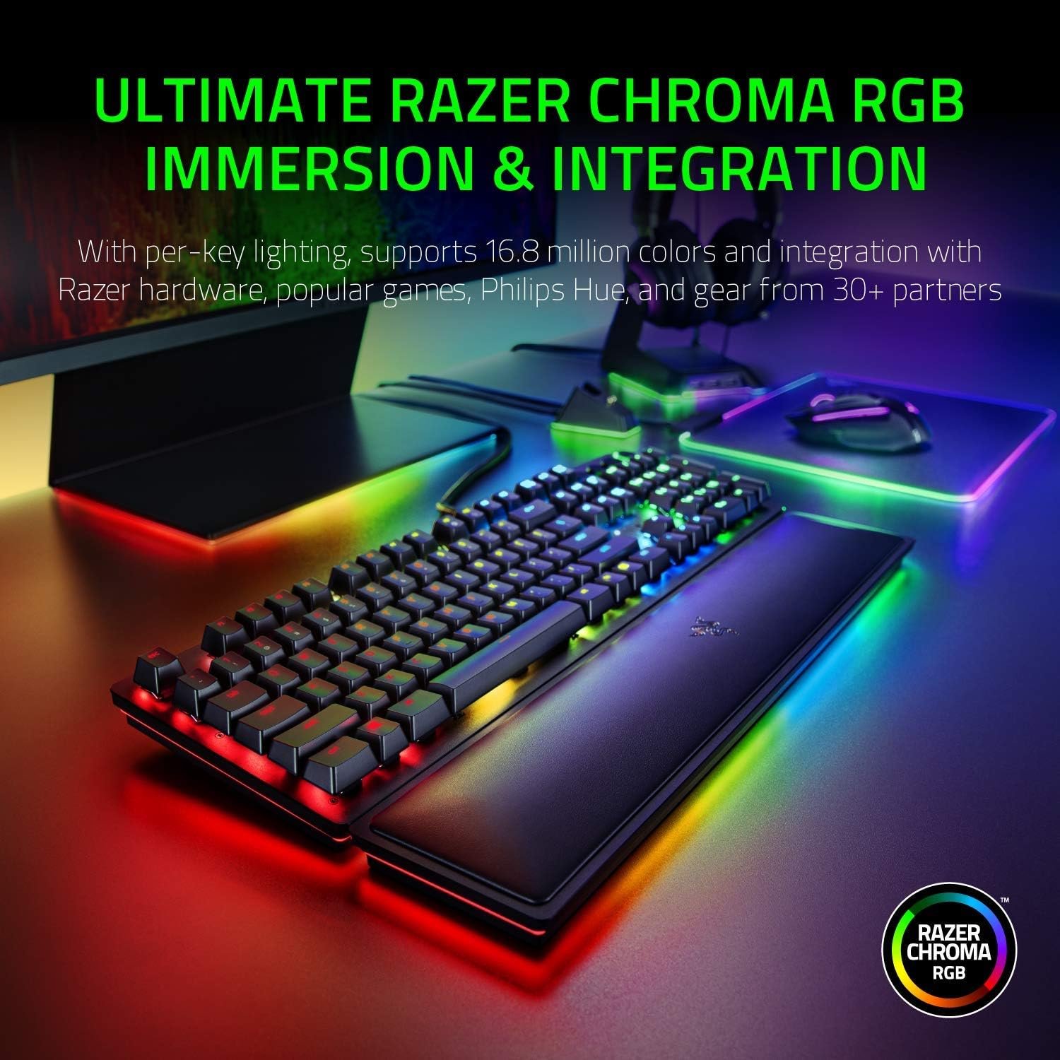 Razer Huntsman Elite Gaming Keyboard: Fast Keyboard Switches - Linear Optical Switches - Chroma RGB Lighting - Magnetic Plush Wrist Rest - Dedicated Media Keys & Dial - Classic Black - Image 3