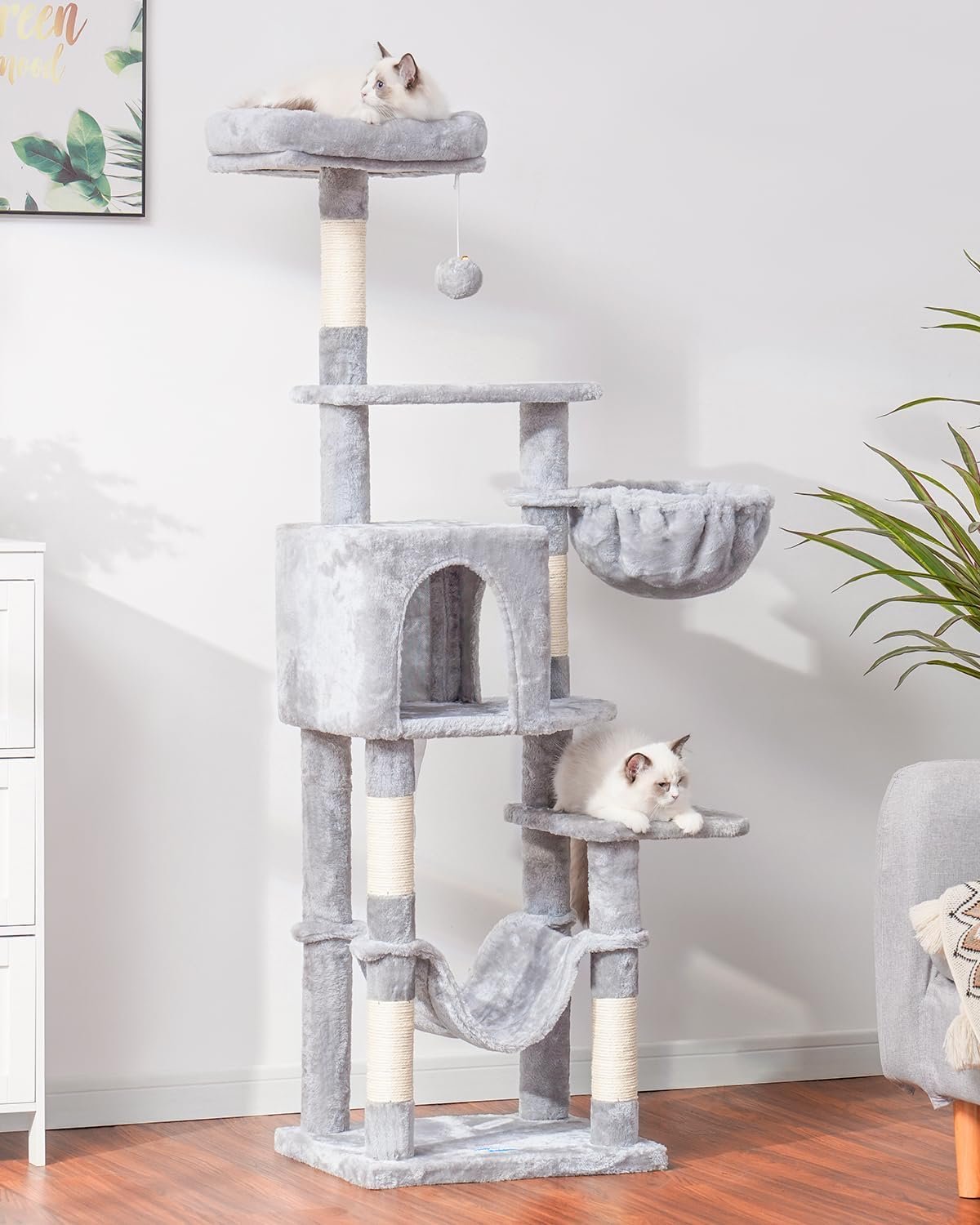 Hey-brother Cat Tree with Large Hammock, Multi-Level Cat Tower for Indoor Cats, Cat Condo with Sisal-Covered Scratching Posts and Top Perch, Light Gray MPJ050W - Image 5