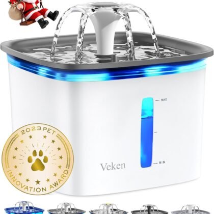 Veken Innovation Award Winner 95oz/2.8L Pet Fountain, Automatic Cat Water Fountain Dog Water Dispenser with Replacement Filters, Gifts for Christmas, Cats, Dogs, Multiple Pets (Grey, Plastic)