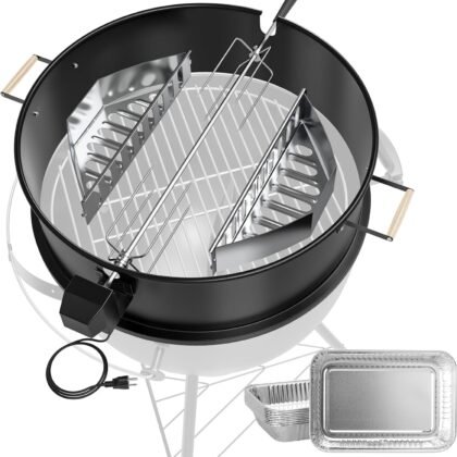 Upgraded Rotisserie Kit for Weber 22 inch Kettle Charcoal Grills Accessories, Rotisserie Grill Kit for Weber & Other Similar Size Grills, with Handles, Charcoal Baskets,10 Pcs Drip Pans, Black