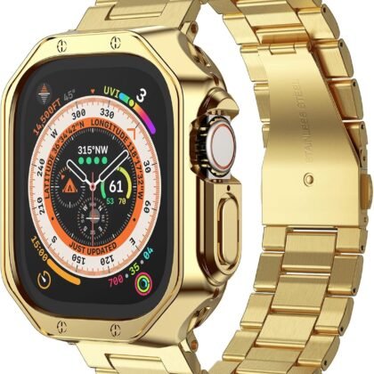 Compatible with Apple Watch Ultra 3/2/1 Band and Case, Stainless Steel Metal Chain with TPU Cover, Smart-Watch Link Bracelet Strap for men, Wrist-Band for i-Watch Ultra, 49mm, Gold