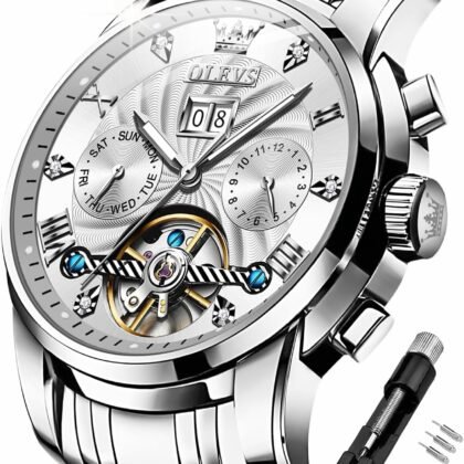 OLEVS Mens Automatic Watches Self Winding Mechanical Skeleton Tourbillon Luxury Diamond Business Dress Date Wrist Watches for Men Waterproof Luminous