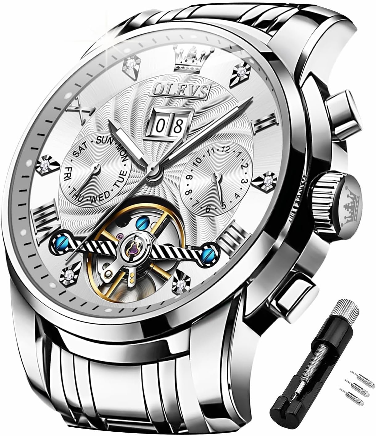 OLEVS Mens Automatic Watches Self Winding Mechanical Skeleton Tourbillon Luxury Diamond Business Dress Date Wrist Watches for Men Waterproof Luminous