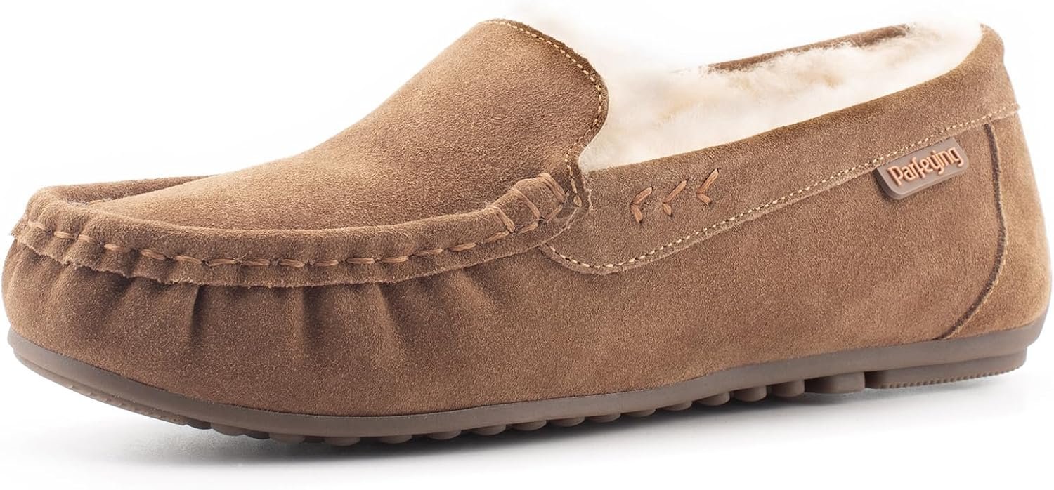 Parfeying Women's Sheepskin Moccasin Slippers Cow Suede Memory Foam Driving Style Loafers - Image 2