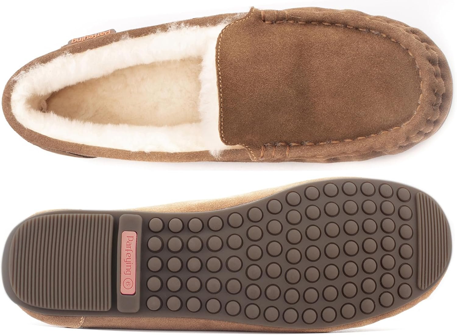 Parfeying Women's Sheepskin Moccasin Slippers Cow Suede Memory Foam Driving Style Loafers - Image 4