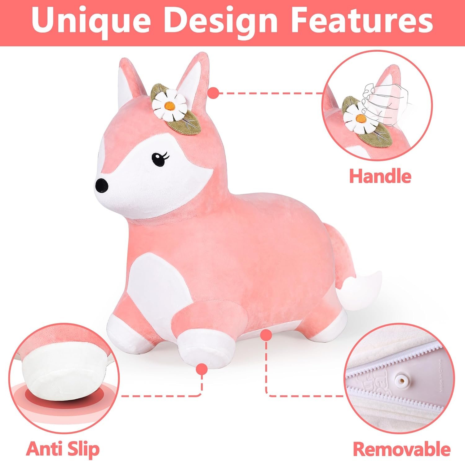 iPlay, iLearn Bouncy Pals Hopping Fox Horse, Toddler Girl Inflatable Bouncing Animal Hopper Toy, Outdoor Indoor Plush Ride on Bouncer, Baby Birthday Gift 18 Month 2 3 4 Year Old Kid - Fox - Image 5