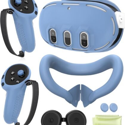 Silicone Cover Set Compatible with Meta Oculus/Quest 3, VR Accessories Protective Cover Includes Controller Grips, Front Shell Headset Cover and Face Cover, Not Fit Quest 3S(Haze Blue)
