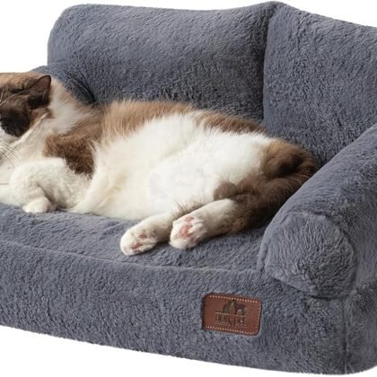 Hollypet Fluffy Plush Dog Cat Pet Couch Soft Calming Sofa Bed for Medium Small Cats and Dogs, Gray