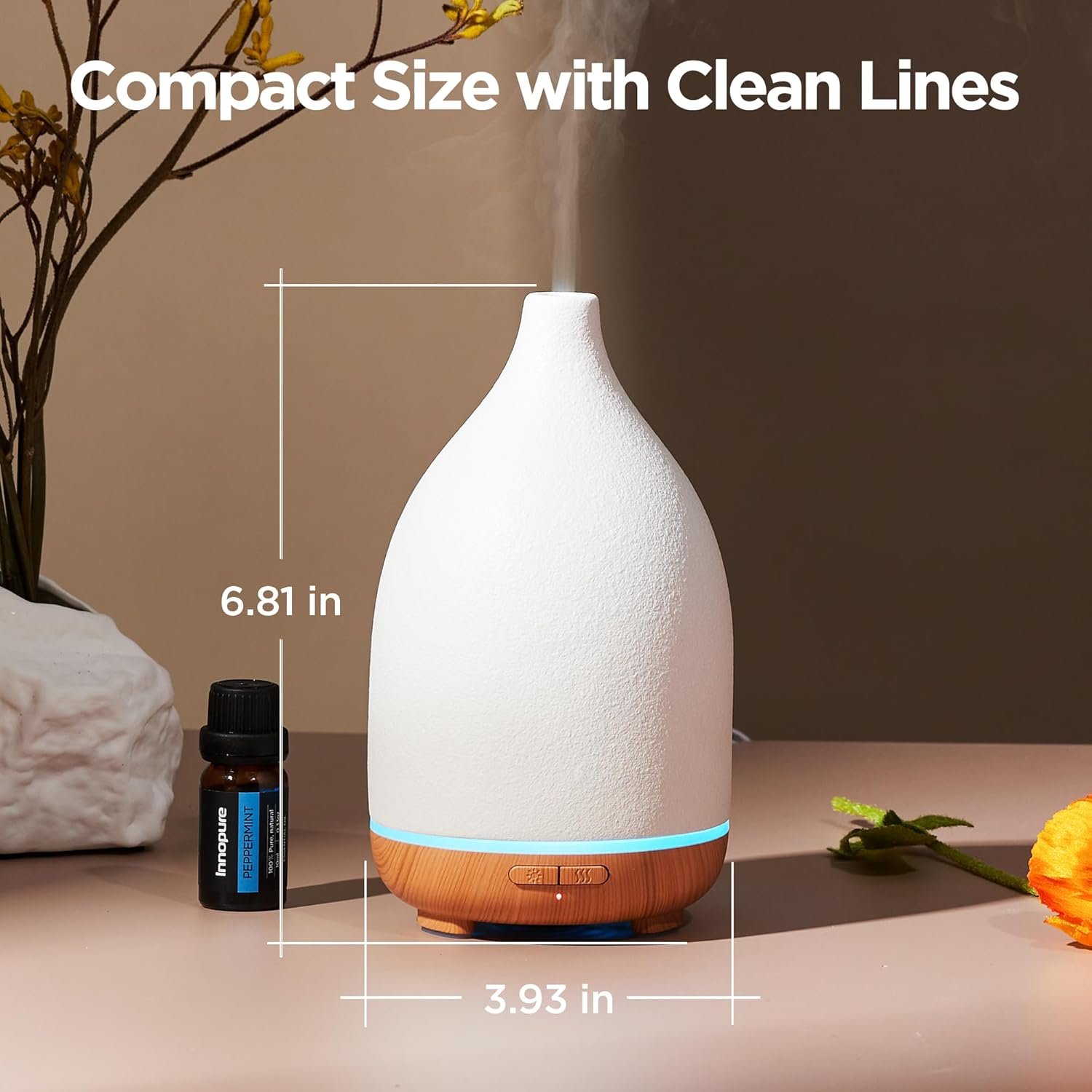 InnoGear Oil Diffuser, 150ML Ceramic Diffuser for Essential Oils Handcrafted Aromatherapy Diffuser Ultrasonic Cool Mist Humidifier with 2 Mist Modes Waterless Auto Off for Room Office, White - Image 2