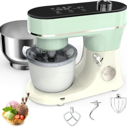 Stand Mixer Set, 6QT Kitchen Mixer with LED Touchscreen, 11-Speed Tilt-Head Mixer with Timer, 4 Preset Menus, Stainless Steel Bowl, Dough Hook, Whisk, Beater,Plus 2QT Ice Cream Maker Attachment