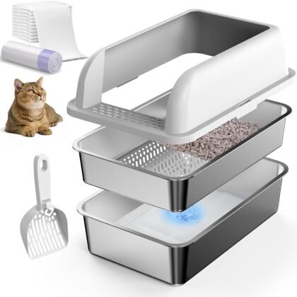 23.6''x16''x12'' Enclosed Stainless Steel Litter Box with Lid, XL Sifting Litter Box for Pine Pellets, High Sides Metal Litter Box System for Big Cats, Anti-Leakage, Easy Cleaning, Less Tracking
