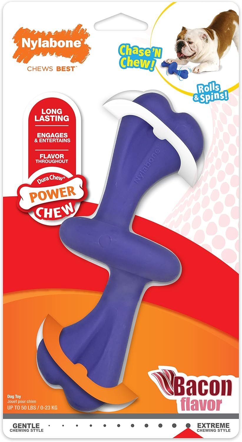 Nylabone Engaging Power Chase 'N Chew Toy for Dogs, Rolling & Spinning Interactive Dog Toys for Aggressive Chewers, Purple, Bacon Flavor, Large - Up to 50 lbs, 1 Count