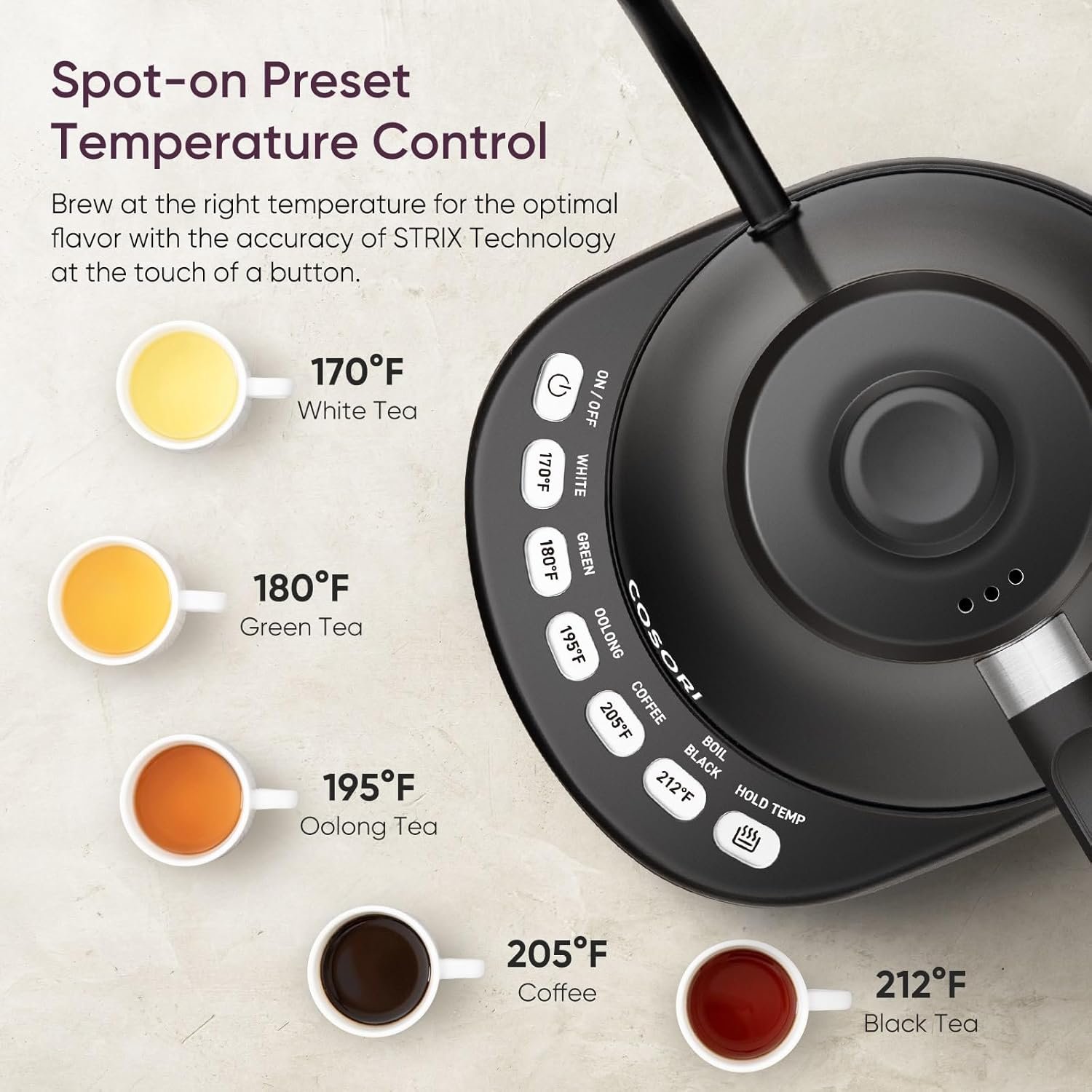 COSORI Electric Gooseneck Kettle with 5 Temperature Control Presets, Pour Over Kettle for Coffee & Tea, Hot Water Boiler, 100% Stainless Steel Inner Lid & Bottom, 1200W/0.8L - Image 2