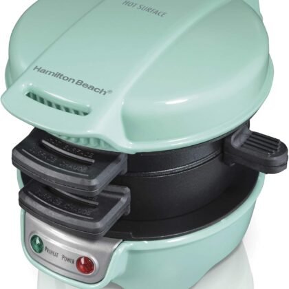 Hamilton Beach Breakfast Sandwich Maker with Egg Cooker Ring, Customize Ingredients, Perfect for English Muffins, Croissants, Mini Waffles, Perfect White Elephant Gifts, Mint (25482)