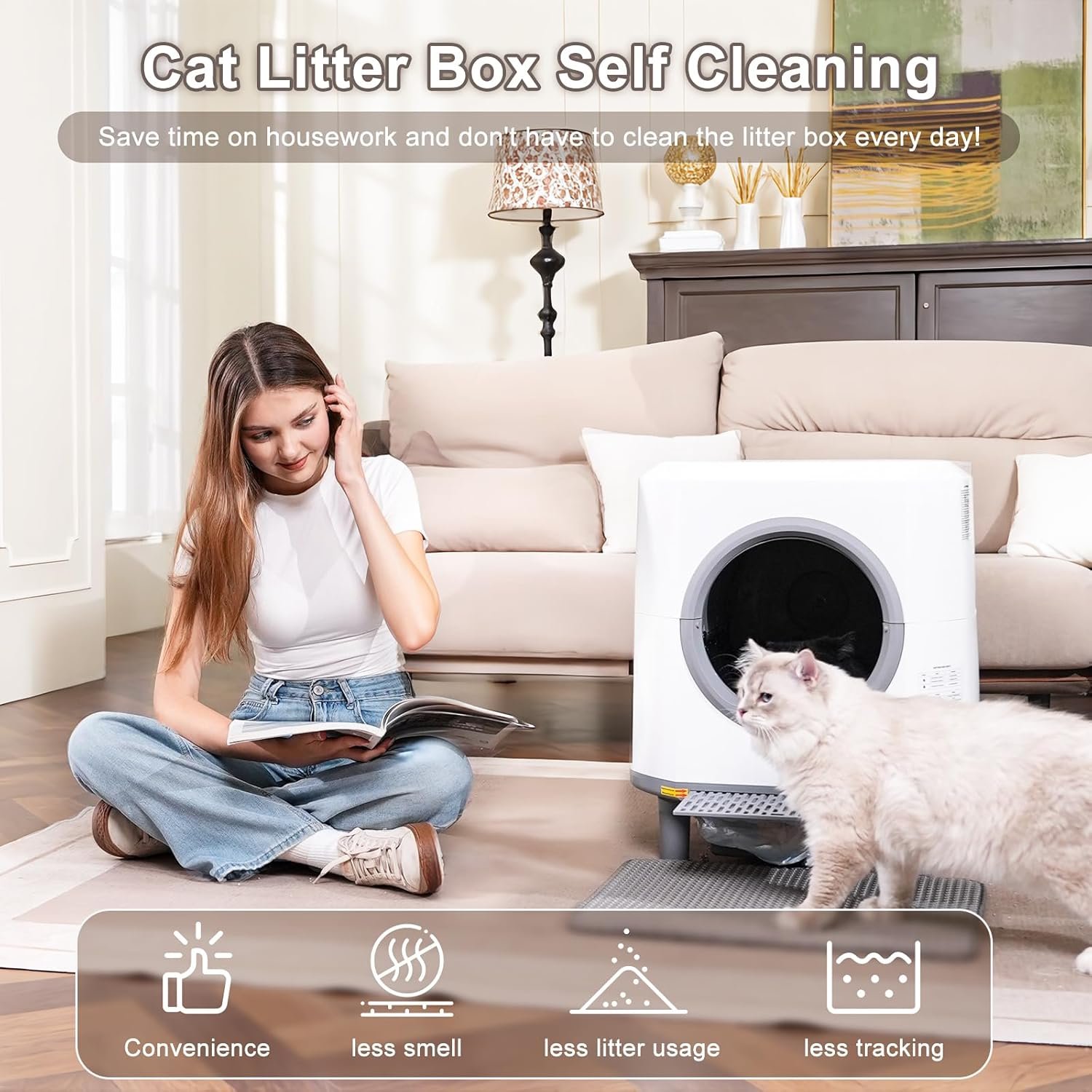 Automatic Litter Box, Self Cleaning Litter Box, Odor Control, 90L Large Capacity with APP Control and Safety Sensor, Ellenpent, for Multiple Cats, Large Cat, with 3 Rolls Garbage Bags - Image 2