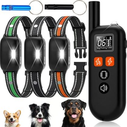 3 Dogs Shock Collar with Remote 3300FT Dog Vibration Collar with Battery Display, 4 Trainning Modes,Rechargeable Electric Dog Training Collar for Small Medium Large Dogs (15-120Lbs) with Flash Light