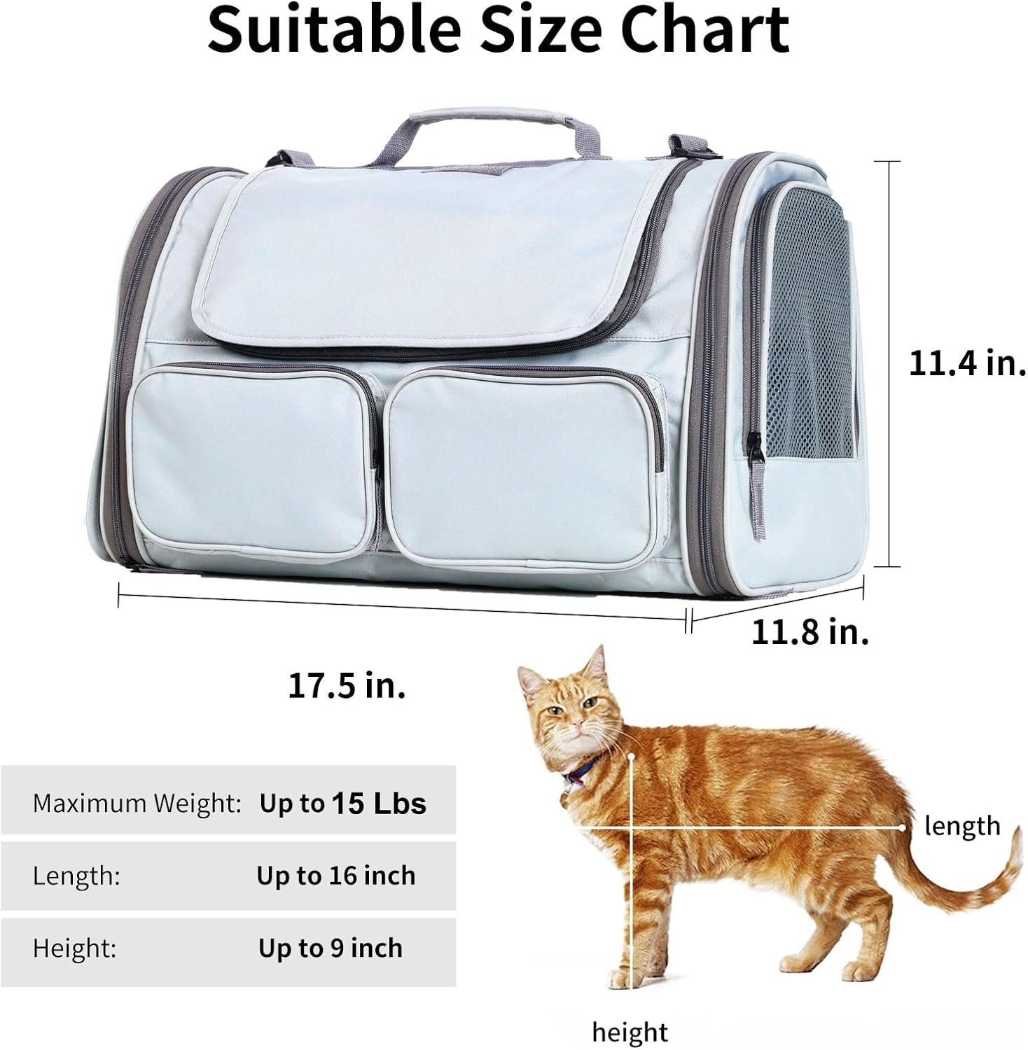 FUKUMARU Cat Carrier, Soft-Sided Small Dog Carrier, Large Cat Travel Bag with 4 Mesh Windows, Under 15 lb Airline Approved Pet Carrier with 4 Storage Pockets, Rollable Cover for Nervous Cats, Grey - Image 5