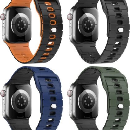 MoKo 4 Pack Sport Watch Band Compatible with Apple Watch Ultra 3/2/1 49mm,S11/S10 46mm,9/8/7 45mm,SE3/SE2/SE/6/5/4 44mm,3/2/1 42mm, Bicolor Soft Silicone Replacement Strap for Men Women