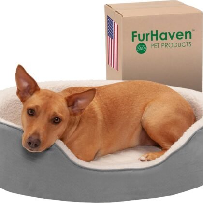 Furhaven Orthopedic Dog Bed for Large/Medium Dogs w/ Removable Washable Cover, For Dogs Up to 30 lbs - Sherpa & Suede Oval Lounger - Gray, Large