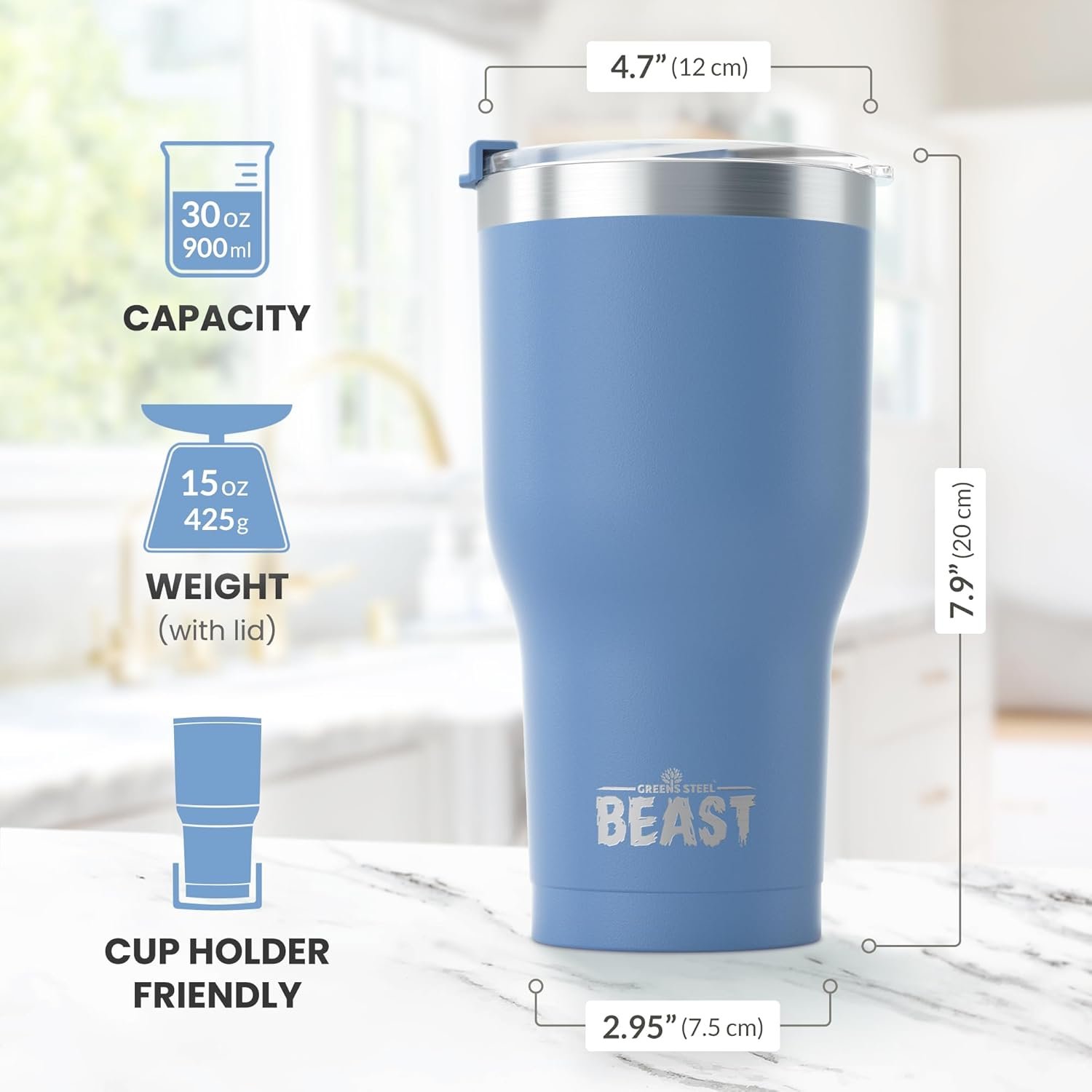 Beast 30 oz Tumbler Stainless Steel Vacuum Insulated Coffee Ice Cup Double Wall Travel Flask (Stormy Sky Blue) - Image 7