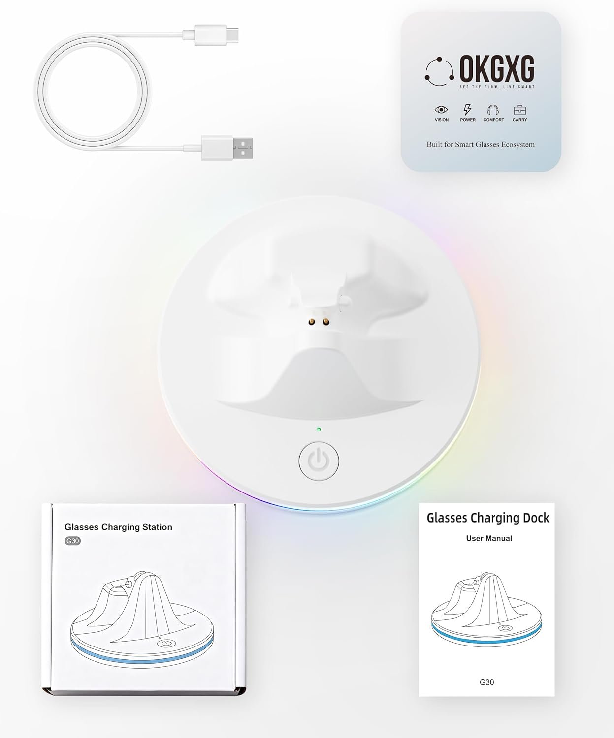 Charging Dock for Ray-Ban Meta Smart Glasses – RGB Desktop Charger Stand Compatible with Wayfarer Gen 2, Skyler, Headliner & Oakley HSTN, Type-C Input, LED Indicator Light, 1h Fast Charge, ABS (White) - Image 7