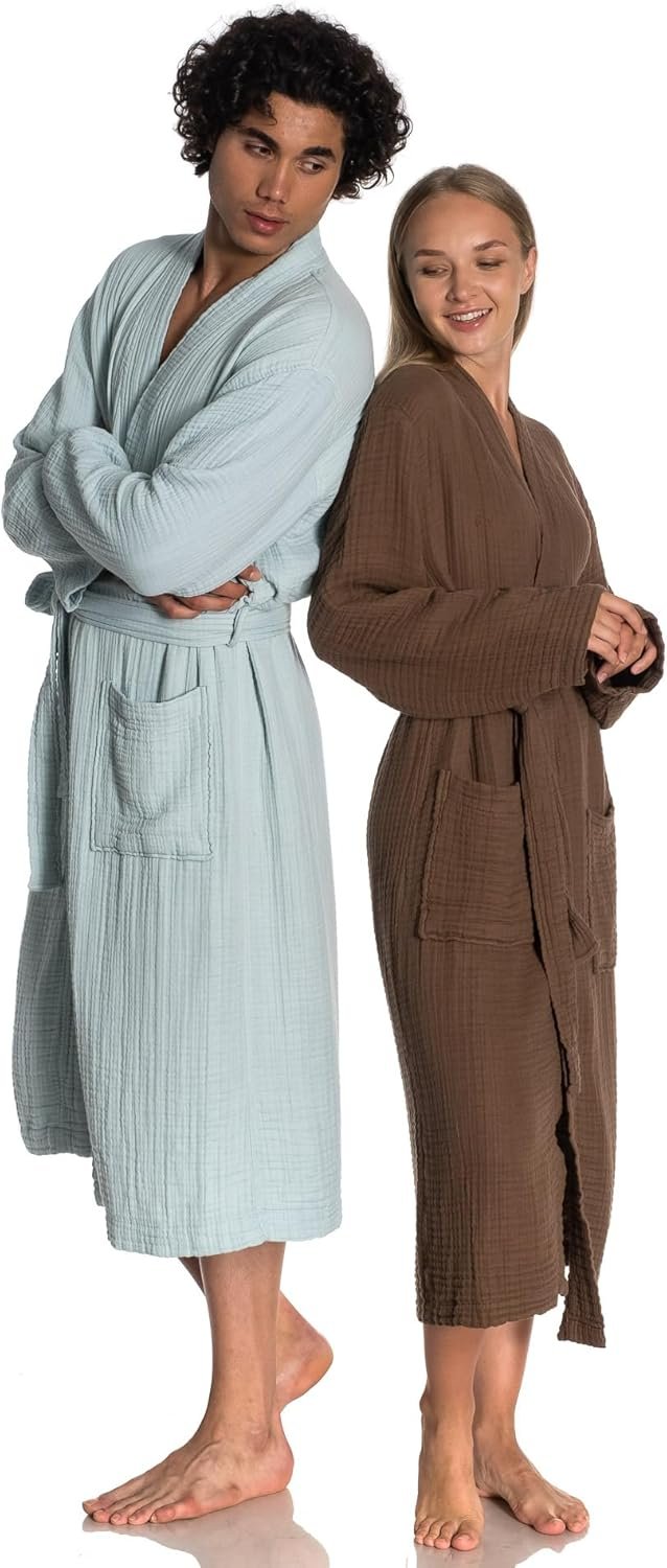 Muslin Unisex Bathrobe Women & Men, 100% Cotton Kimono Lightweight Robe | Long Robes Soft, Absorbent, Spa robes - Image 4