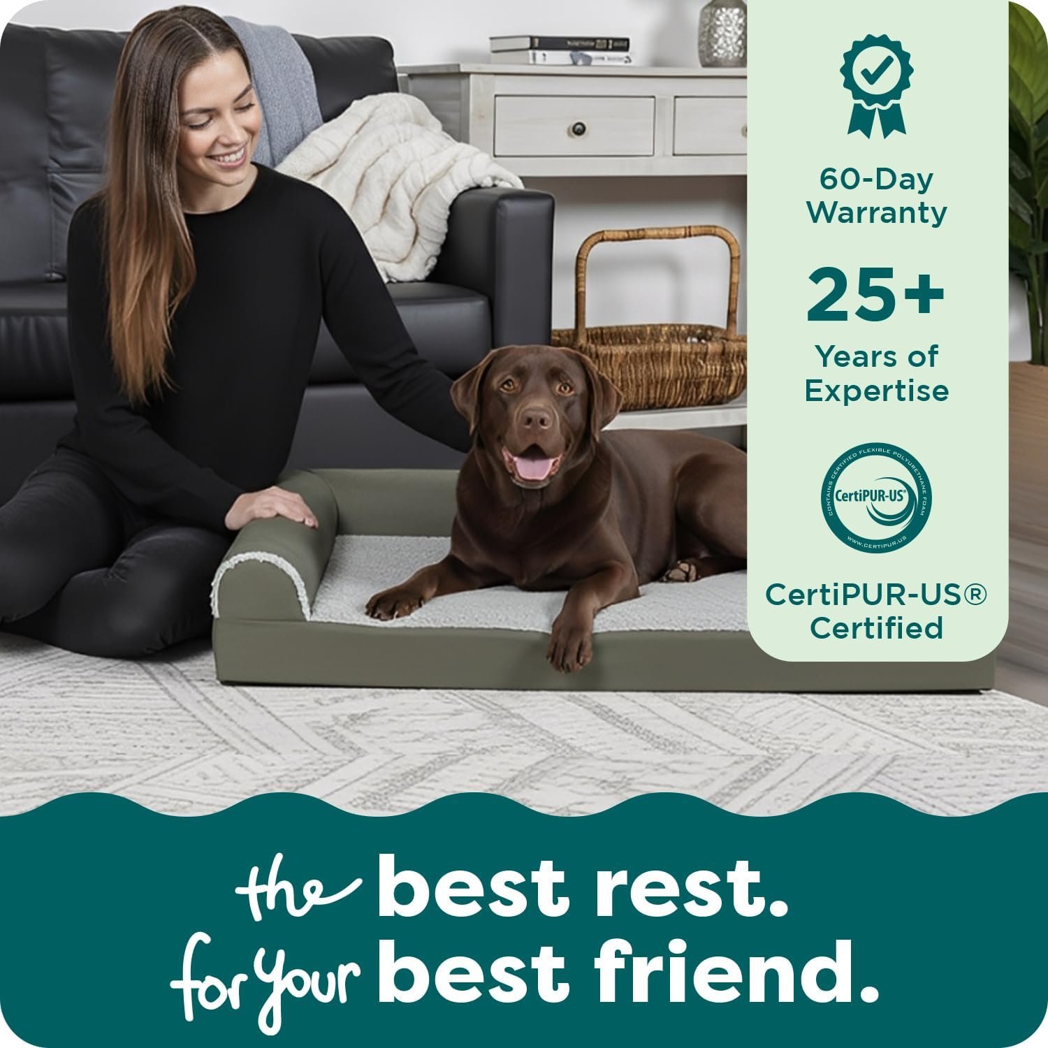 FurHaven Orthopedic Dog Bed for X-Large Dogs, L-Shaped Chaise Contour Mattress with Egg Crate Orthopedic Memory Foam for Joint Support, Removable Washable Cover, Jumbo/XL, Faux Fur & Suede, Dark Sage - Image 8