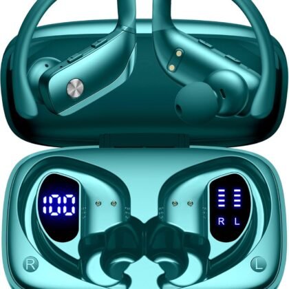 bmani Ear Buds Wireless Earbuds Bluetooth Headphones with 80H Playtime LED Display Case, Over-Ear Hook with Mic, Stereo Sound, Easy Button Controls, Sports Earphones for Running Workout Gym Green