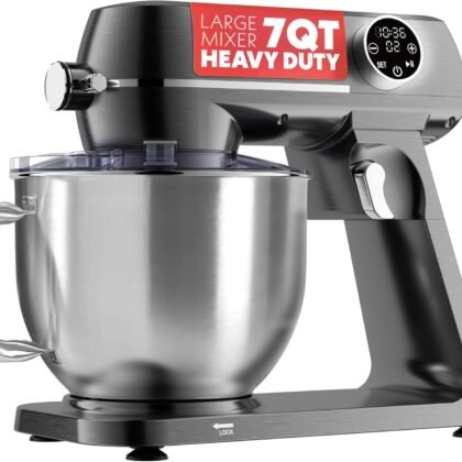 Gourmia Digital Stand Mixer - 7 QT Tilt-Head Kitchen Mixer with LED Timer, 10 Speeds, Stainless Steel Bowl, Attachments Included, 800W, Silver