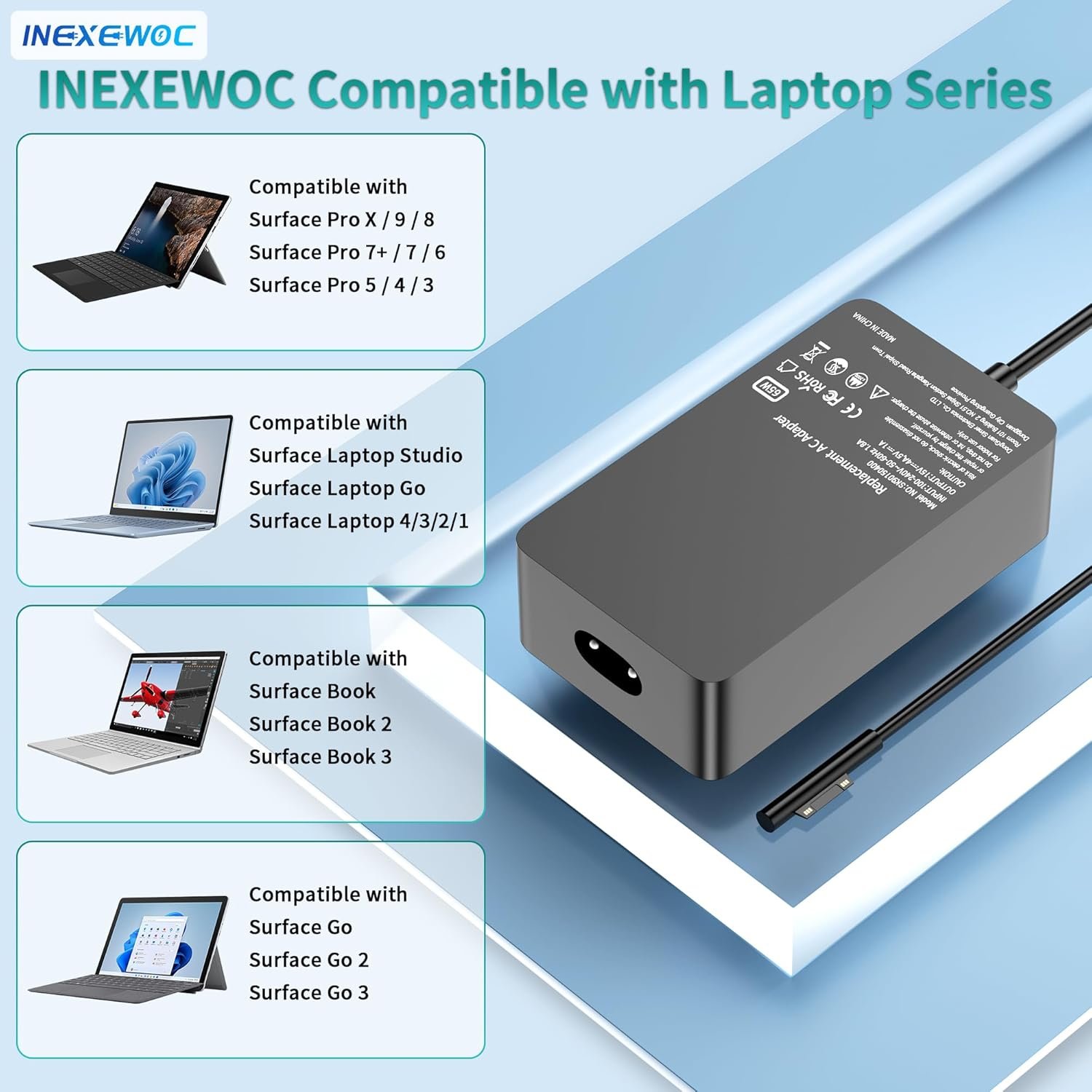 New 65W Surface Pro Charger Compatible with Microsoft Surface Pro 11,10, 9, 8, 7+, 6, 5, 4, 3, X, Windows Surface Laptop 6, 5, 4, 3, 2, 1, Surface Go Tablet, Surface Book 3, 2, 1, 44W, 36W - Image 3