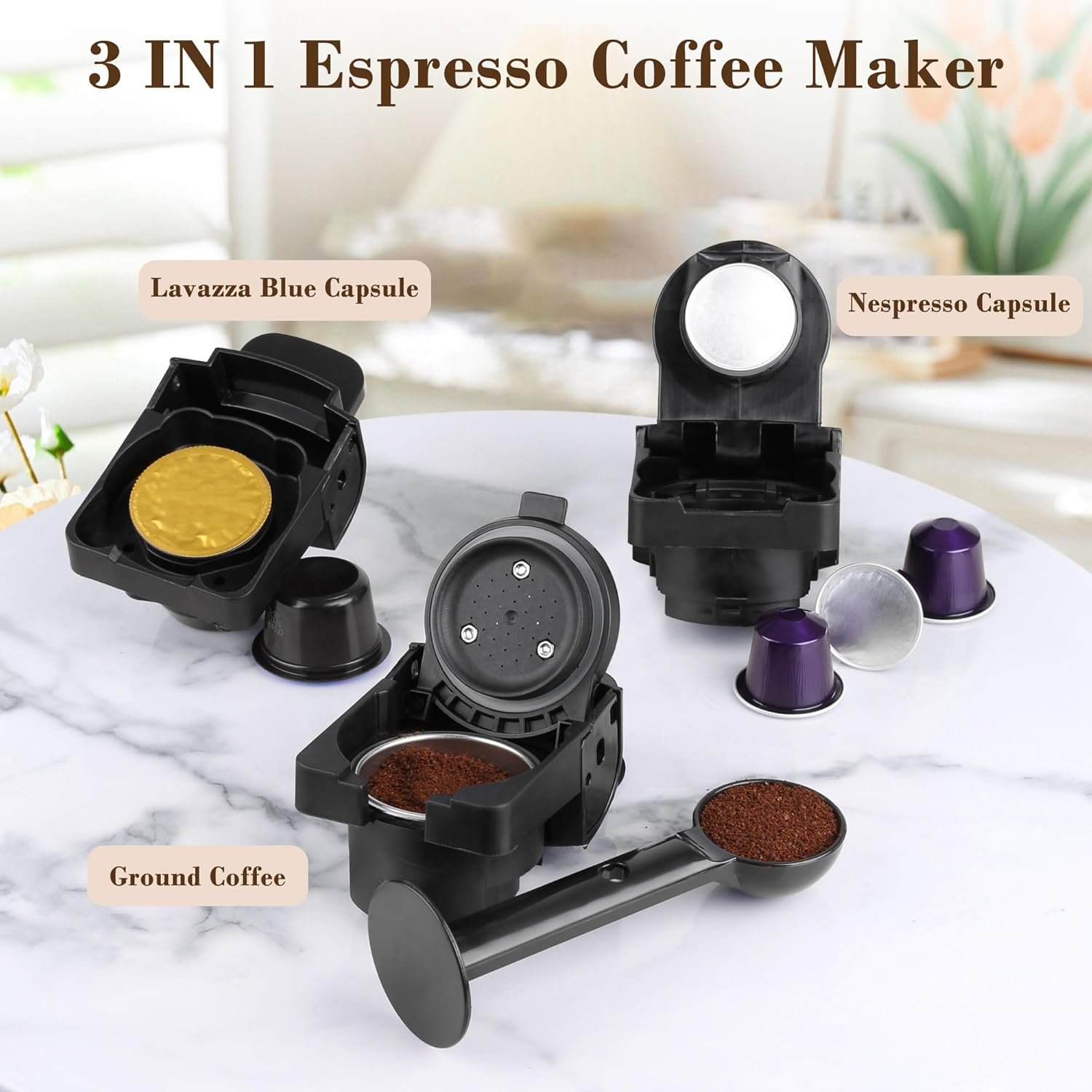 Espresso Maker for Nespresso Capsule, Lavazza Blue Capsule & Coffee Powder, 19 Bar Pump Pressure Makes Authentic Espresso Coffee, Mini Espresso Coffee Machines with Removable Water Tank. - Image 2
