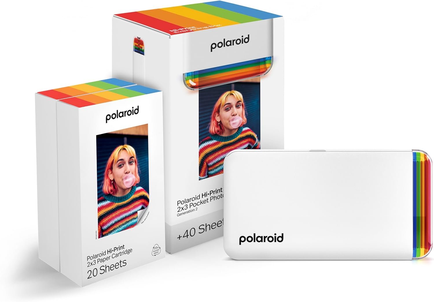 Polaroid Hi-Print + Paper Bundle - 2nd Generation Bluetooth Connected 2x3 Pocket Photo Dye-Sub Printer - White Printer + 40 Photos (6438)