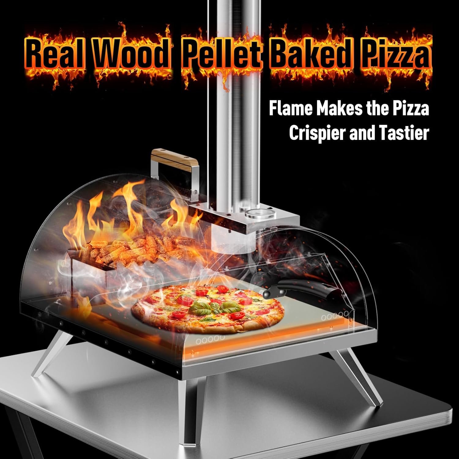 Multi-Fuel Pizza Oven Outdoor, 12" Portable Wood and Gas Fired Pizza Oven with Thermometer,Gas Hose & Pizza Stone,Heats up to 1000°F,Stainless Steel Pizza Oven for Backyard or Camping (Black) - Image 7