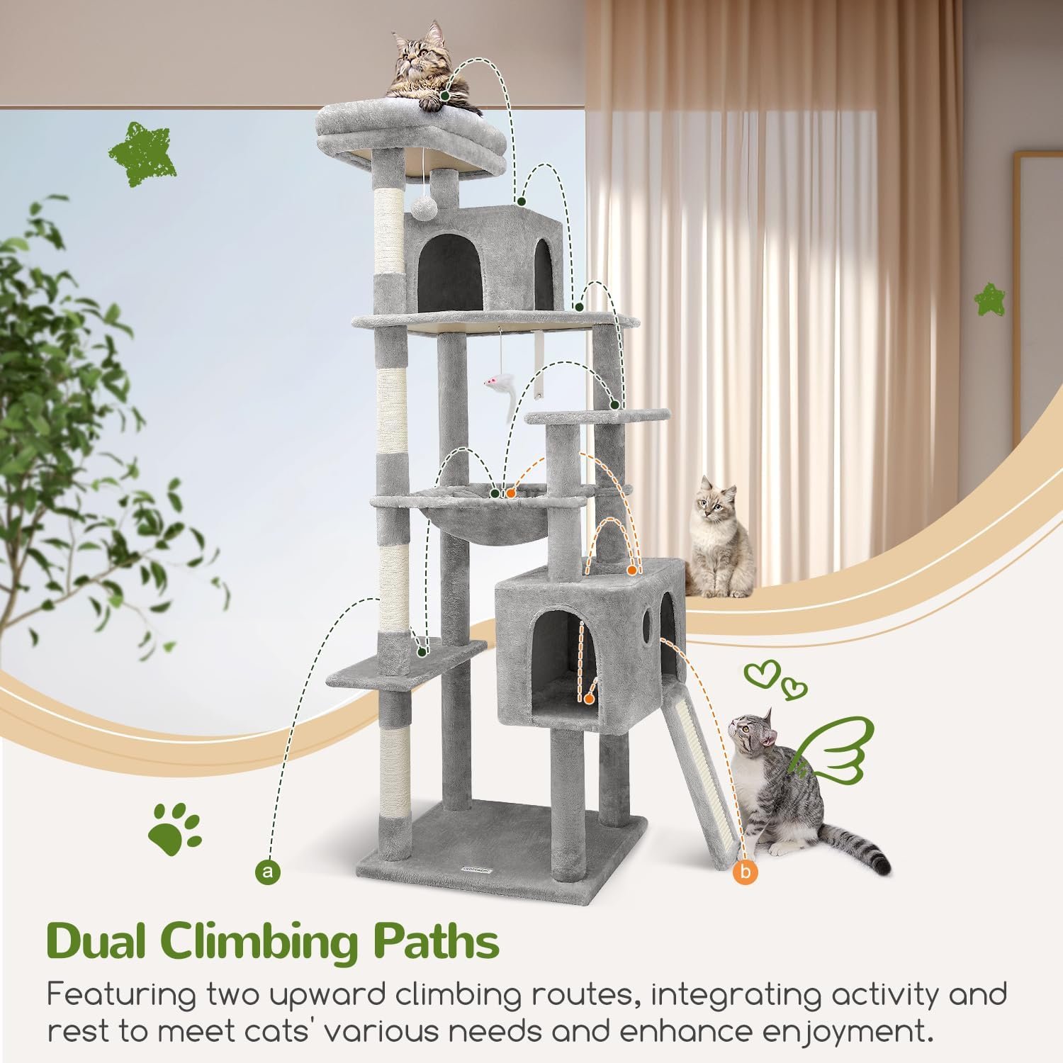 Globlazer Heavy Duty Cat Tree, 70 inch Sturdy Cat Tree for Indoor Cats Extra Large Cat Tower with Scratching Post, Hammock, Cat Condo for Adult Cats Kittens, F70 Pro, Light Grey - Image 5