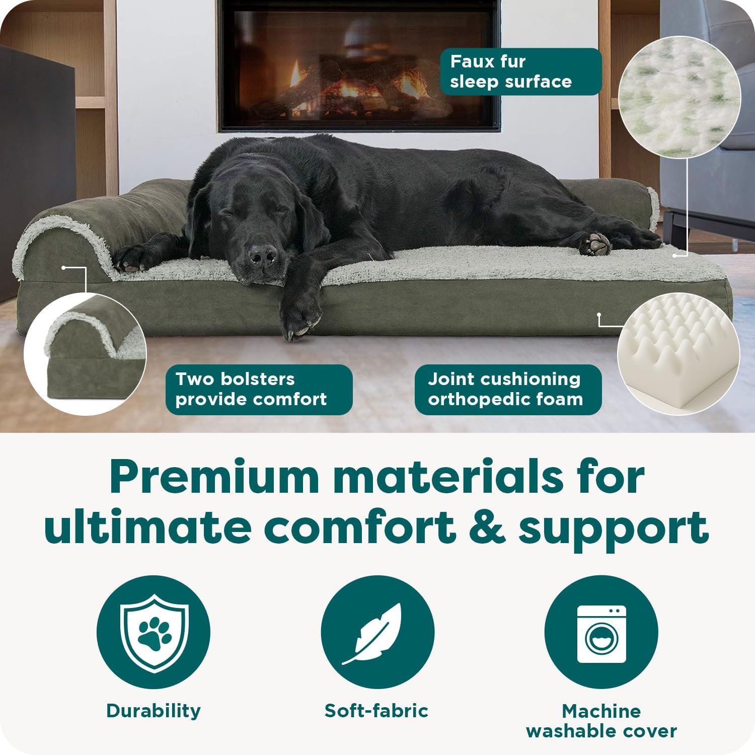 FurHaven Orthopedic Dog Bed for X-Large Dogs, L-Shaped Chaise Contour Mattress with Egg Crate Orthopedic Memory Foam for Joint Support, Removable Washable Cover, Jumbo/XL, Faux Fur & Suede, Dark Sage - Image 5