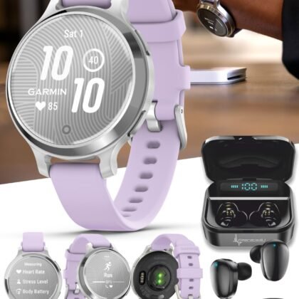 Wearable4U Garmin Lily 2 Active, Silver with Purple Jasmine Silicone Band, Smartwatch, Built-in GPS, Hidden Display, Patterned Lens, Up to 9 Days Battery Life w Black Earbuds Bundle