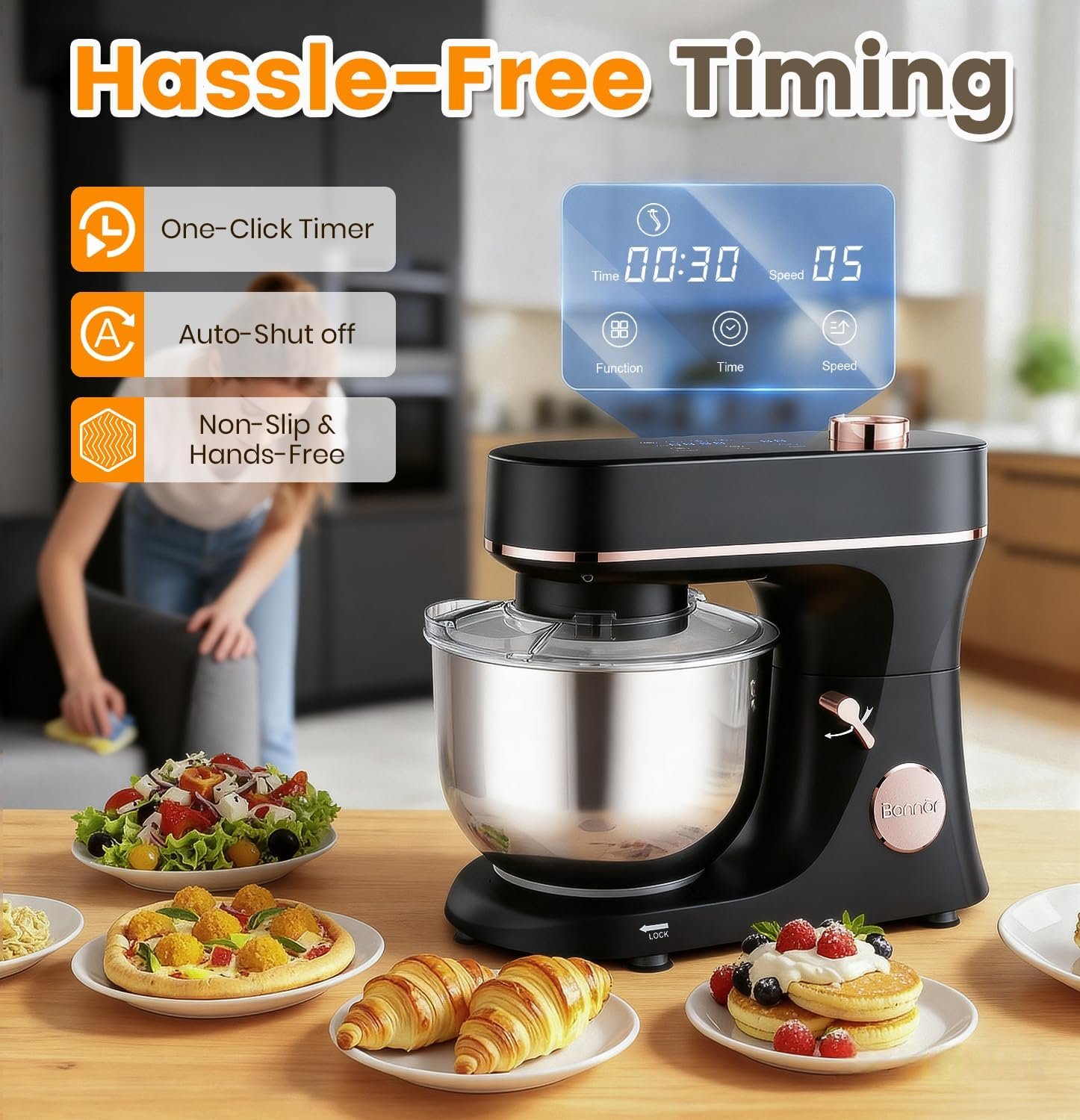 Stand Mixer 6QT Kitchen Mixer with LED Smart Touchscreen, 11-Speed Tilt-Head Mixer with Timer, 4 Preset Menus, Stainless Steel Bowl, Dough Hook, Whisk, Beater,Black - Image 3