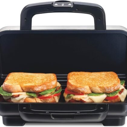 Proctor Silex Deluxe Hot Sandwich Maker With Easy-Clean Durable PFAS-Free Nonstick Ceramic Plates, Fits up to 2 Grilled Cheese, Ruebens, Tortas or Subs, Stainless Steel (25415MN)