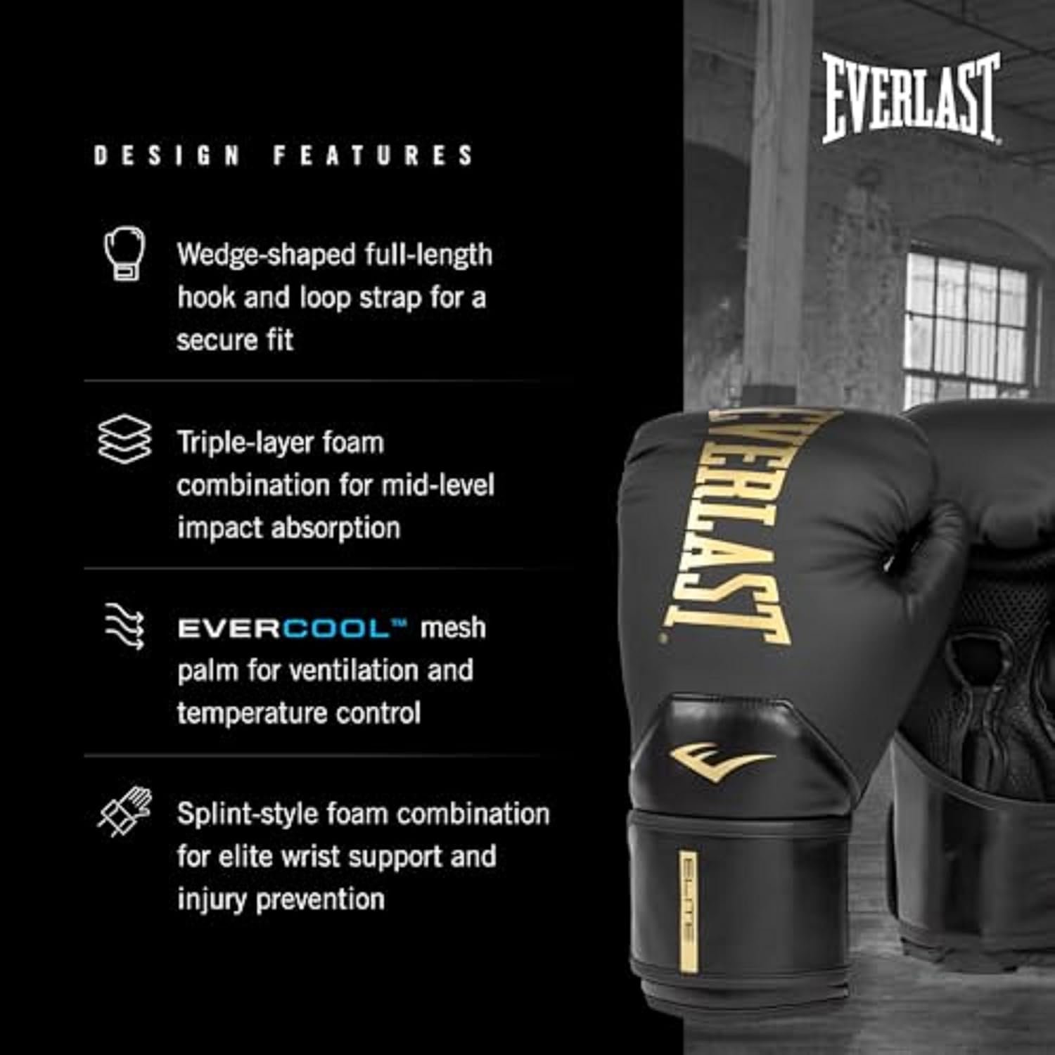 Everlast Elite 2 Boxing Gloves | Pro Training Gloves for Men and Women | Secure Fit Hook and Loop Closure & Ventilation - Image 3