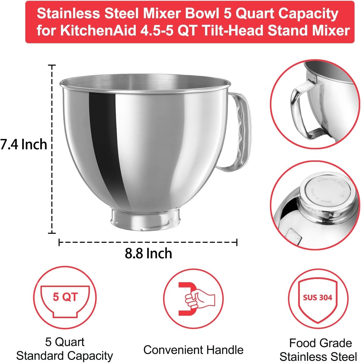 5 Qt 18/8 Stainless Steel Mixing Bowl for Kitchen Aid Tilt-Head Classic&Artisan Series Stand Mixer, Mixer Bowl Replacement Compatible with K45, KSM85, KSM90, KSM150, Dishwasher Safe, Ergonomics Handle - Image 6