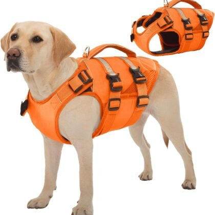 Kuoser Dog Life Jacket, High Flotation Dog Life Vest for Swimming Boating, Adjustable Ripstop Pet Lifesaver for Small Medium and Large Dogs, Reflective Safety Puppy Swimming Vest with Rescue Handle