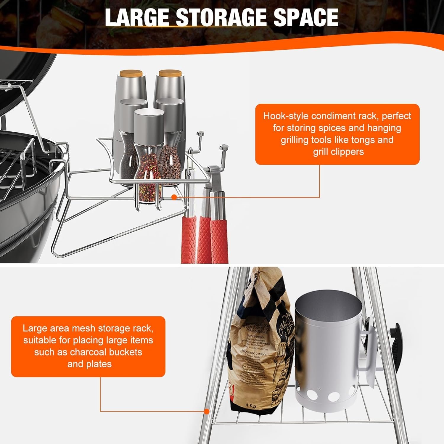 22 inch Premium Charcoal Grill, Kettle Barbecue and Smoker Grills 500+ Sq. In. Cooking Area for Outdoor BBQ, Tailgating and Patio, Black - Image 8