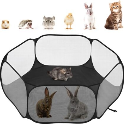 Pawaboo Small Animals Playpen, Waterproof Small Pet Cage Tent with Strong Steel Wire Frame, Portable Outdoor Yard Fence for Chick/Kitten/Puppy/Guinea Pig/Rabbits/Hamster/Chinchillas, Black