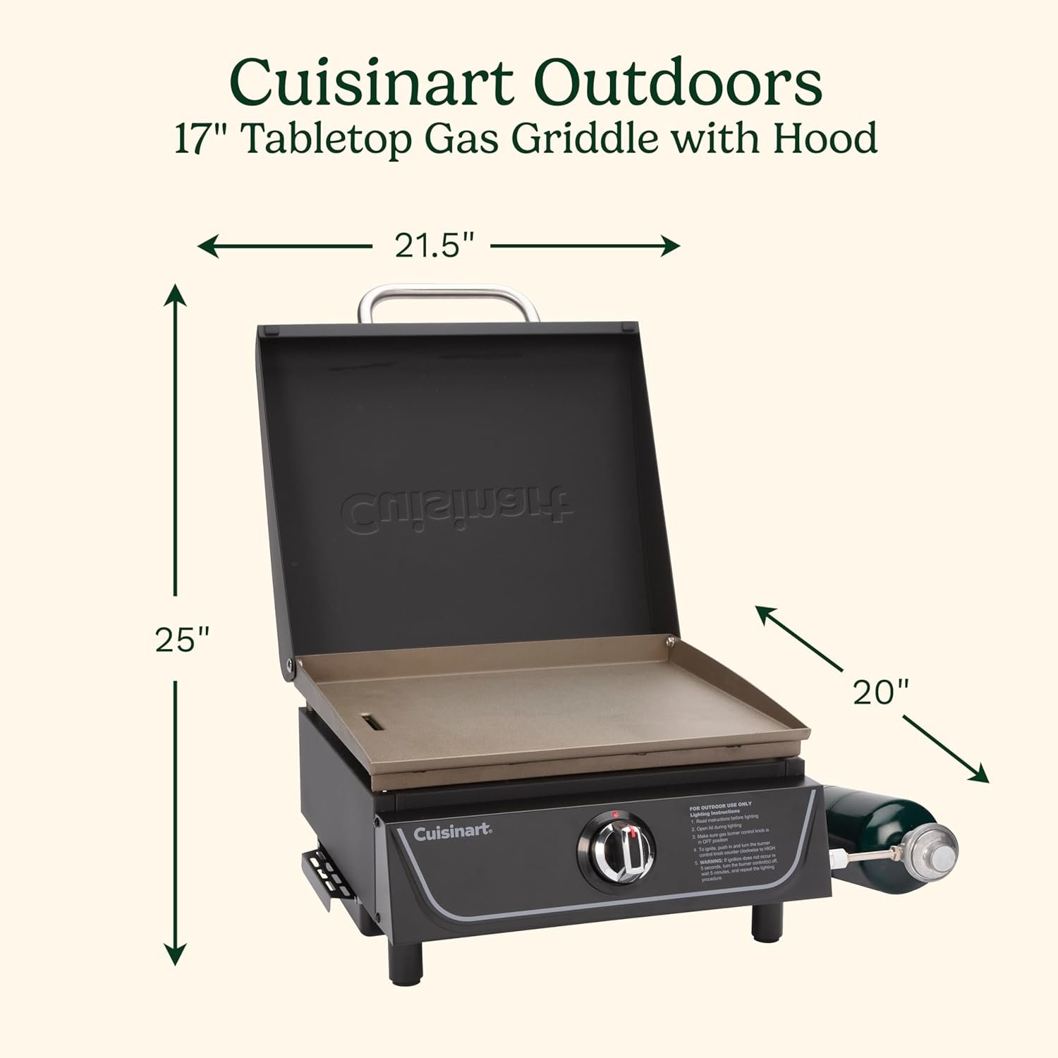 Cuisinart 17” Tabletop Gas Griddle with Hood, Easy Assembly Compact Outdoor Flat-Top Grill with Grease Cup, 255 Sq. In Cooking Space Perfect for Camping, Tailgates and BBQs - Image 2