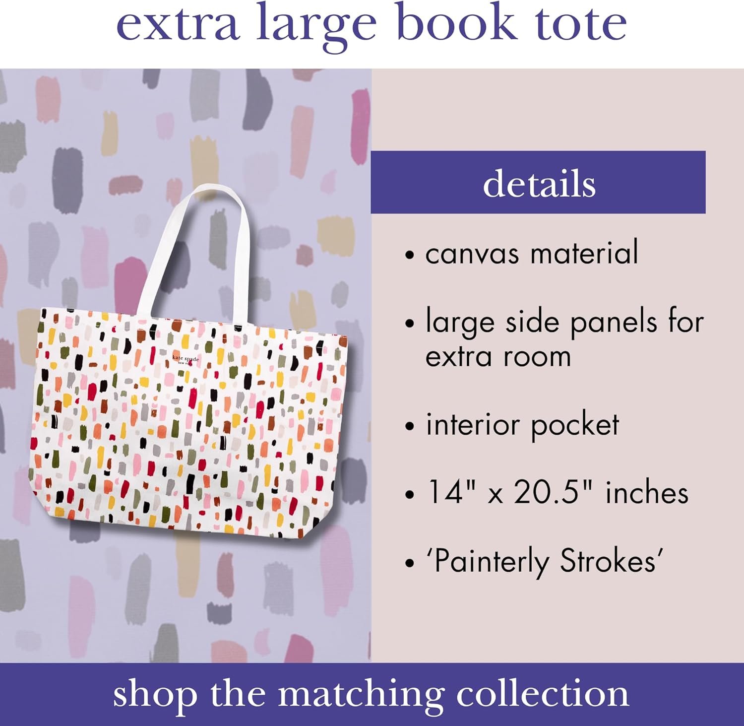 kate spade new york Large Canvas Tote Bag for Women, Cute Tote Bag for Work or Teacher, Canvas Beach Bag, Book Tote with Pocket, Painterly Strokes - Image 4