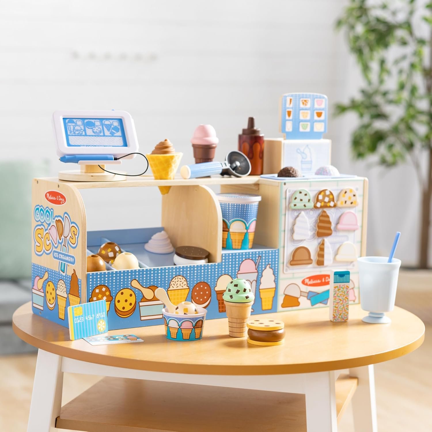 Melissa & Doug Cool Scoops Ice Creamery, Wooden Ice Cream Shop & Counter with Play Food & Play Kitchen Accessories, Preschool Learning Toys for Girls & Boys 3+ - FSC Certified - Image 9