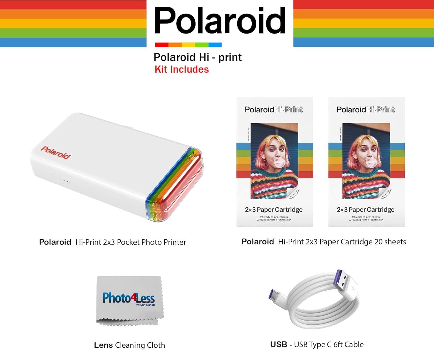 Polaroid Hi-Print - 2nd Generation Bluetooth Connected 2x3 Pocket Photo Dye-Sub Printer - White (9128) Bundle with 2X Hi-Print 2x3 Paper - (40 Photos), USB - USB Type C 6ft Cable, and More