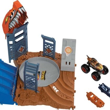 Hot Wheels Monster Trucks Arena Smashers Tiger Shark Spin-Out Challenge with a 1:64 Scale Tiger Shark and 2 Crushable Cars, HNB93