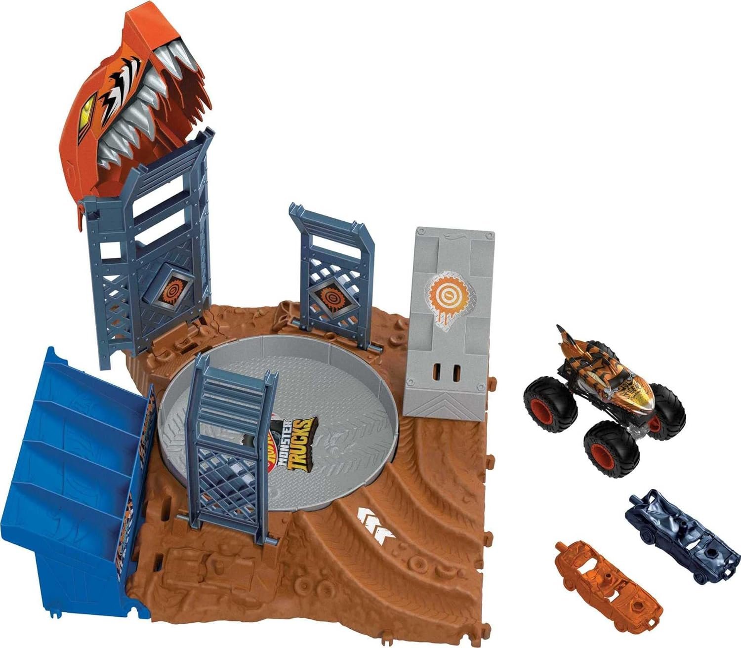 Hot Wheels Monster Trucks Arena Smashers Tiger Shark Spin-Out Challenge with a 1:64 Scale Tiger Shark and 2 Crushable Cars, HNB93