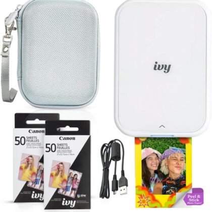 Canon Ivy 2 Mini Photo Printer (Pure White) - Bluetooth, Print from iOS & Android Devices, Bundle Incl. 110 Zink Sticky-Back Prints, LED Light Bar, Protective Case, and USB Cable